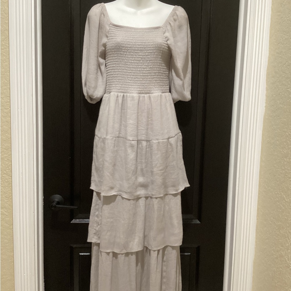Maxi Smocked Tiered Square Neck Puff Sleeve Dress Boho Style